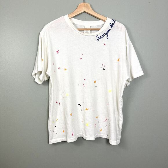 I Stole My Boyfriend's Shirt Tops - ISMBS Tee White Paint Splatter Cotton Collar Embroidered T-Shirt size Large